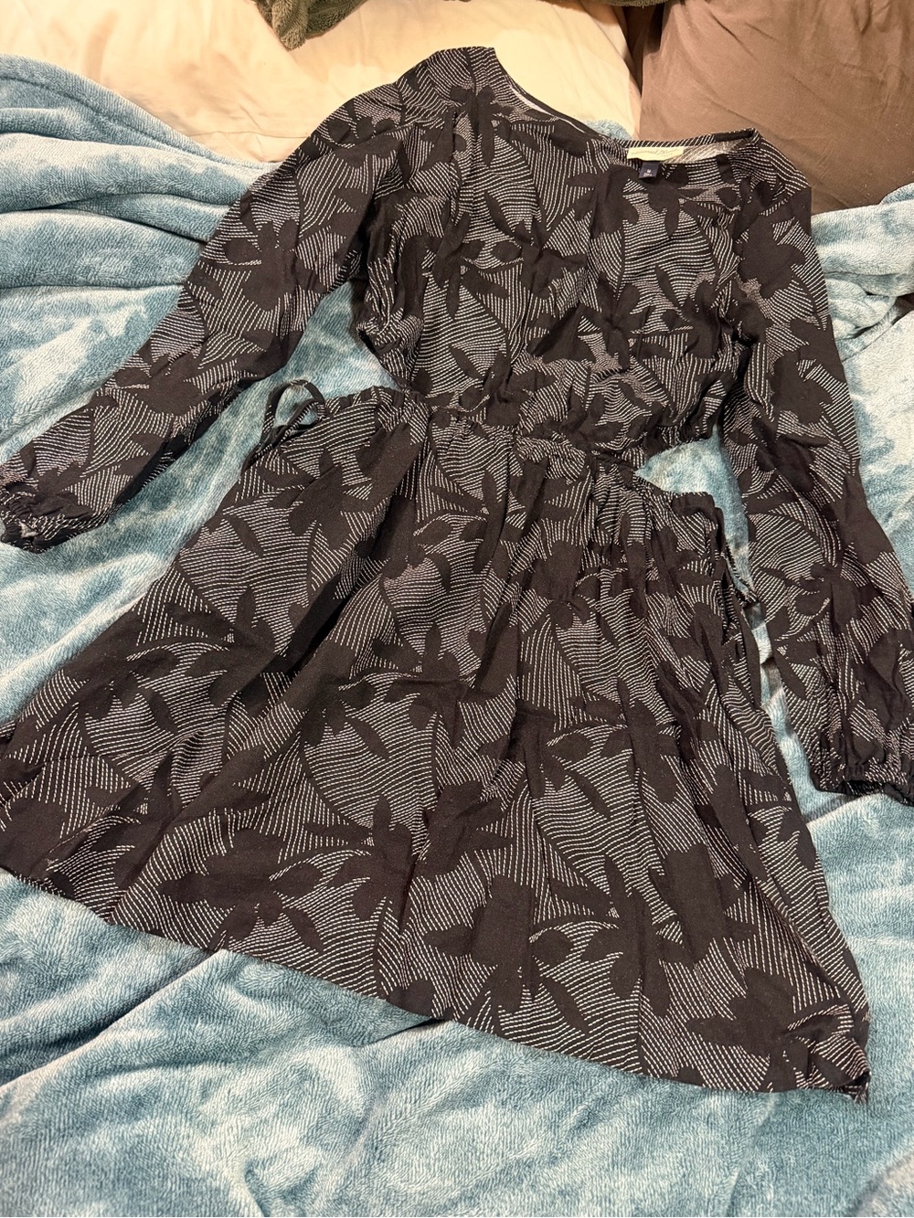 Long Sleeve Floral Print Women's Dress - Black